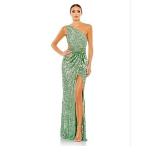 Mac Duggal NWT SEQUINED ONE SHOULDER DRAPED LACE-UP UP GOWN IN Sage size 16